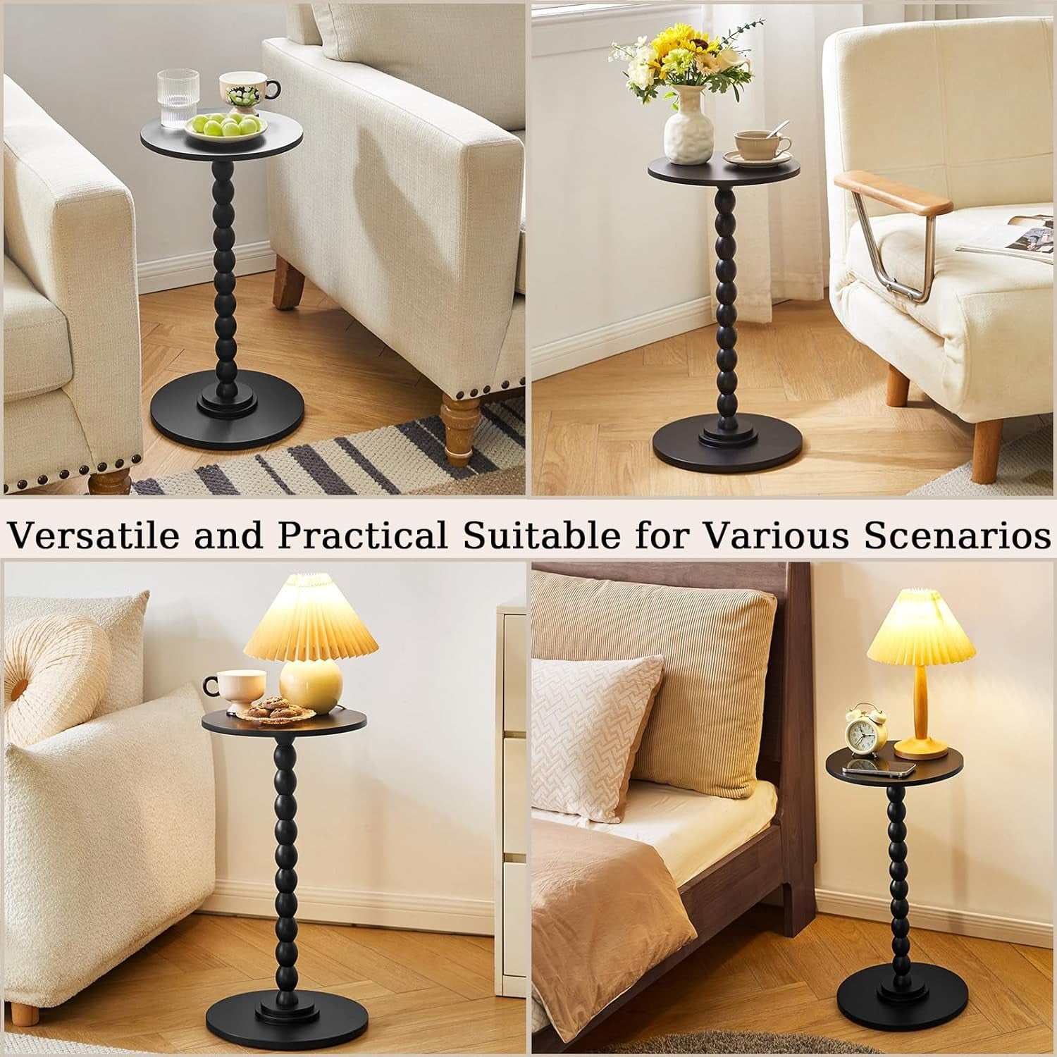 Black Round Side Table for Small Spaces – Modern Accent Table with Wood Leg Base