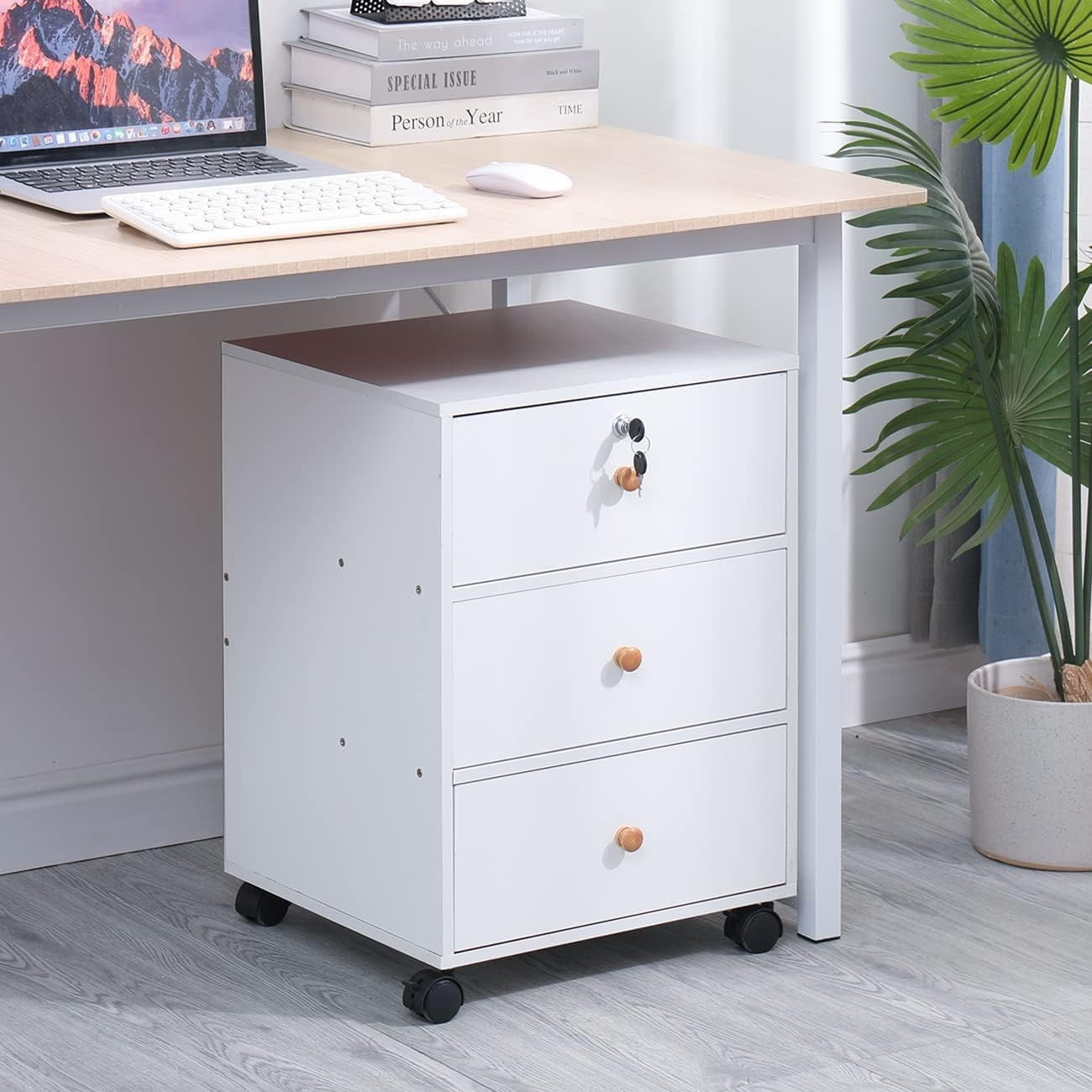 White Lockable Rolling File Cabinet 3 Drawer Under Desk Storage