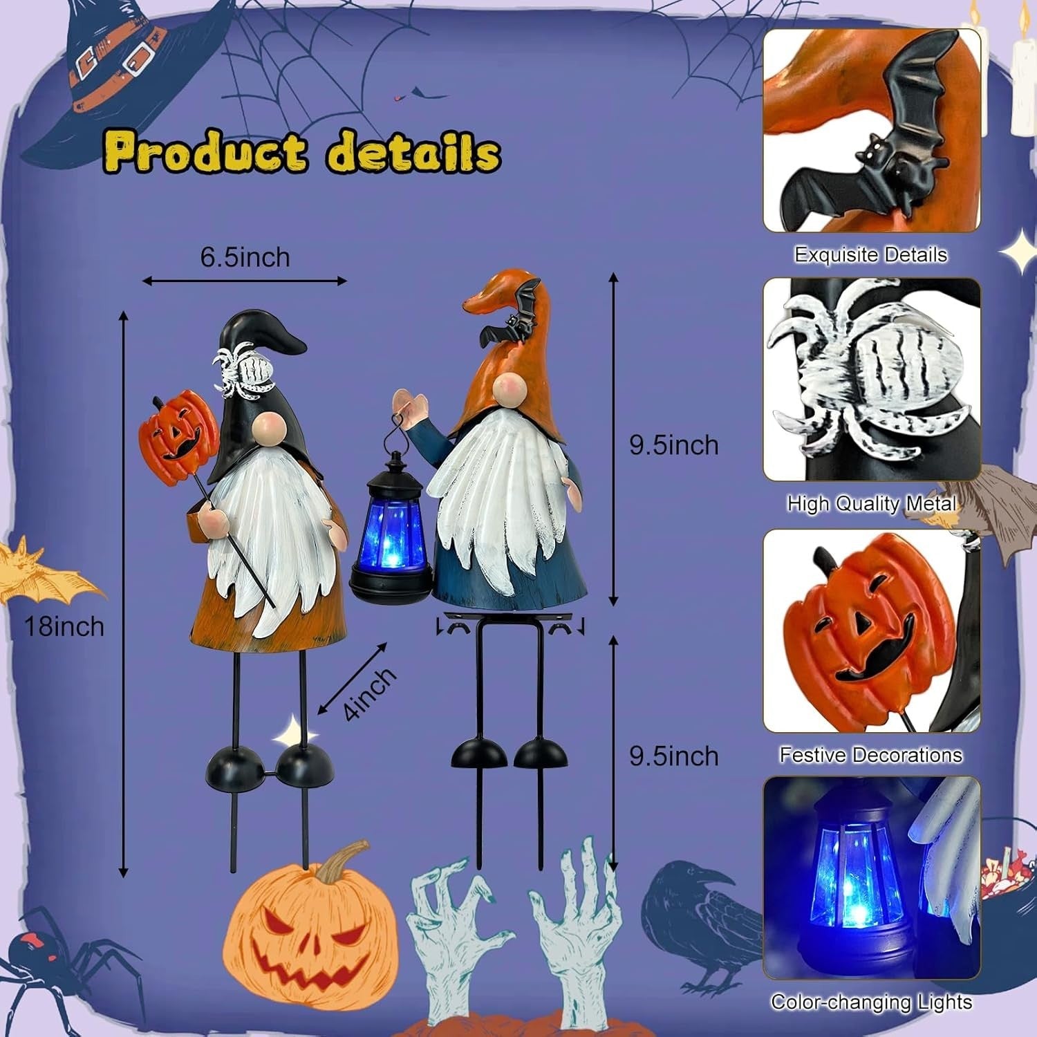 Halloween Metal Gnome Yard Art Statue Outdoor Decor | LED Lantern | 46cm
