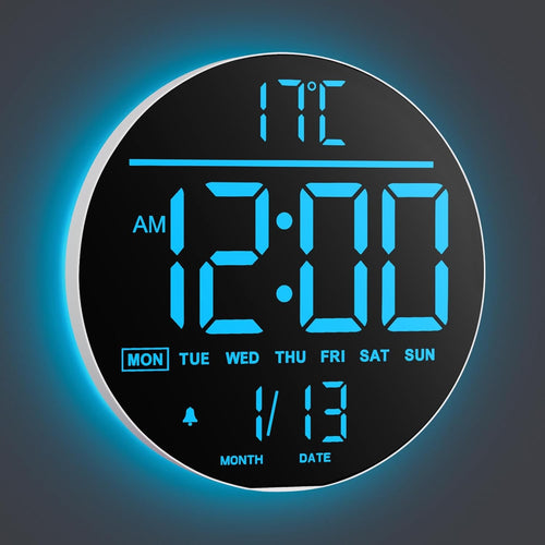 White Blue 10in Large Digital Wall Clock RGB LED Remote Auto Bright
