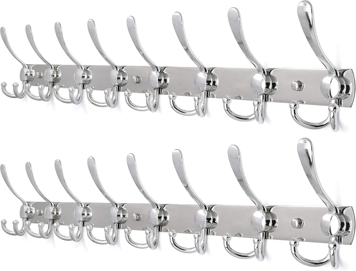 2 Pack 75cm Wall Mounted Coat Racks with 8 Hooks | Chrome Metal Hook Rail