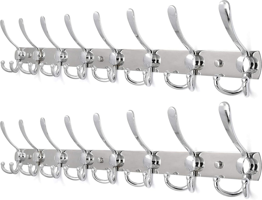 2 Pack 75cm Wall Mounted Coat Racks with 8 Hooks | Chrome Metal Hook Rail
