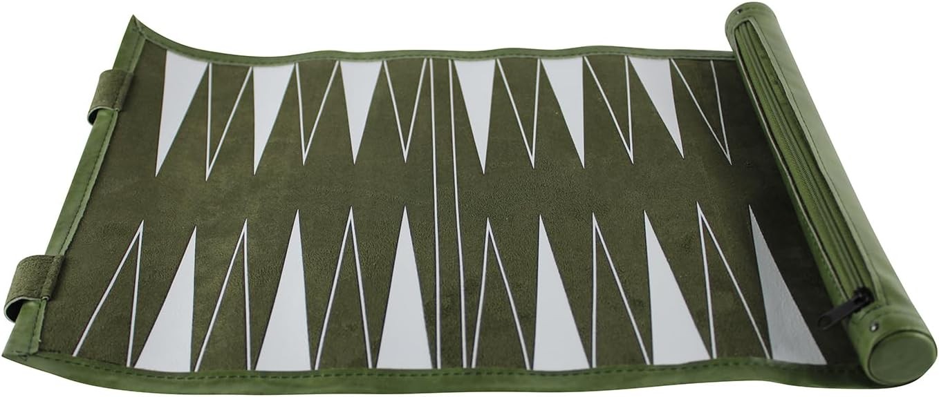 13” Roll Up Backgammon Set Travel Board Game Green Portable Case