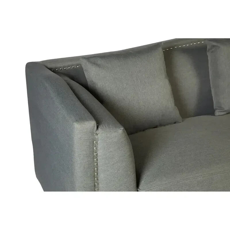 Grey Fabric 3 Seater Sofa w/ Silver Studs, Tuxedo Arms & Wood Feet