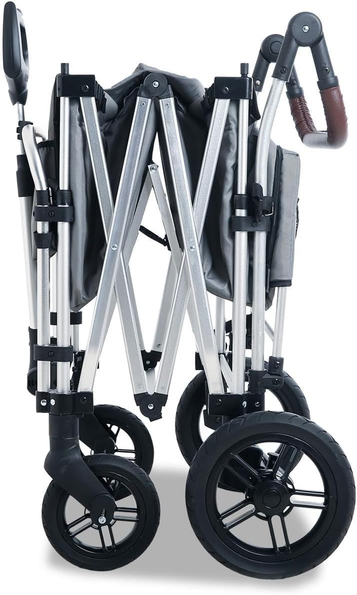 Grey All-Terrain 2-Seater Folding Kids Wagon Push Pull Stroller w/ Roof