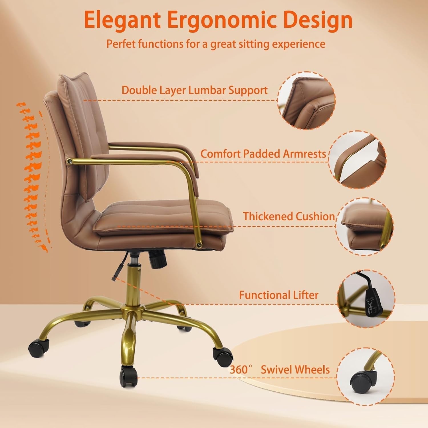 Ergonomic Brown Faux Leather Office Desk Chair Swivel Adjustable Height Home