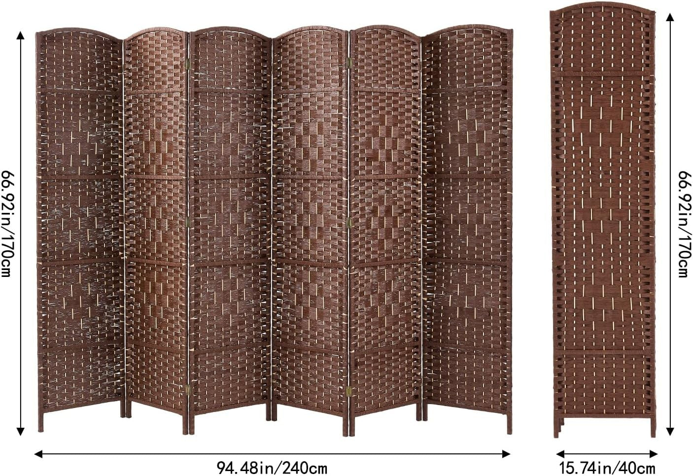 Brown 6 Panel Wicker Folding Room Divider Handwoven Privacy Screen 170cm