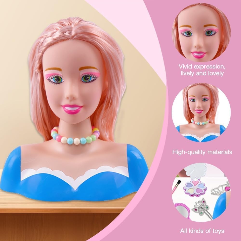 Kids Hair Styling Head Doll Playset 44pcs Makeup Hairdresser Toy