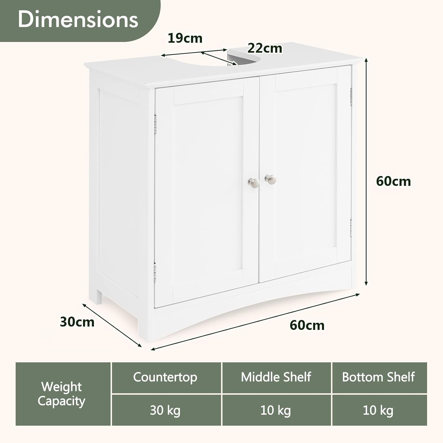 White Under Sink Bathroom Cabinet with 2 Doors & Shelf – Freestanding Storage Un
