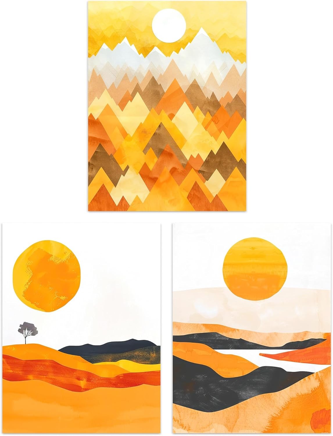 Set of 3 Orange Sunset Mountain Wall Art Prints 12x16 Modern Living Room