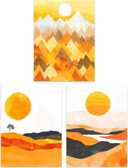 Set of 3 Orange Sunset Mountain Wall Art Prints 12x16 Modern Living Room