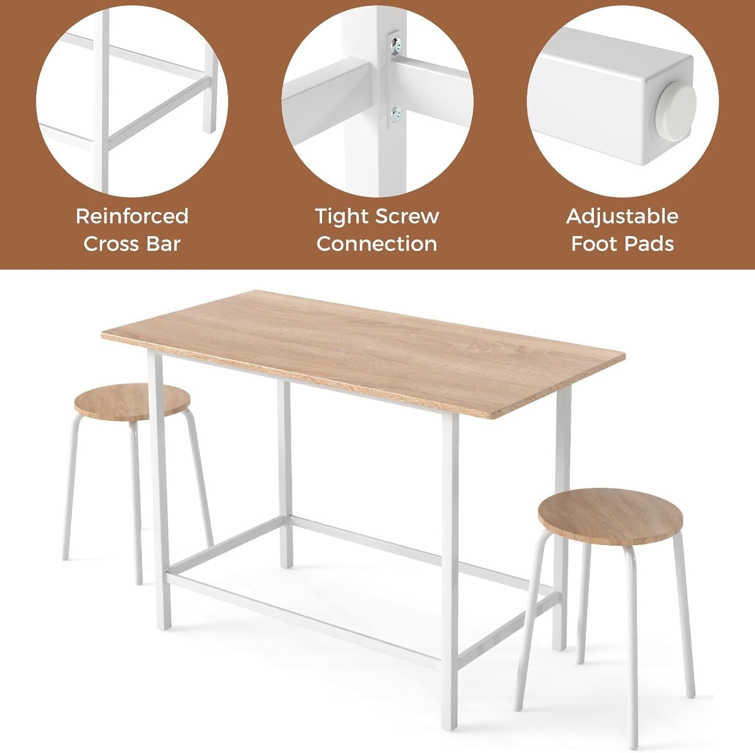 3-Piece Dining Bar Table Set with 2 Stools Wooden Top Metal Frame White Home