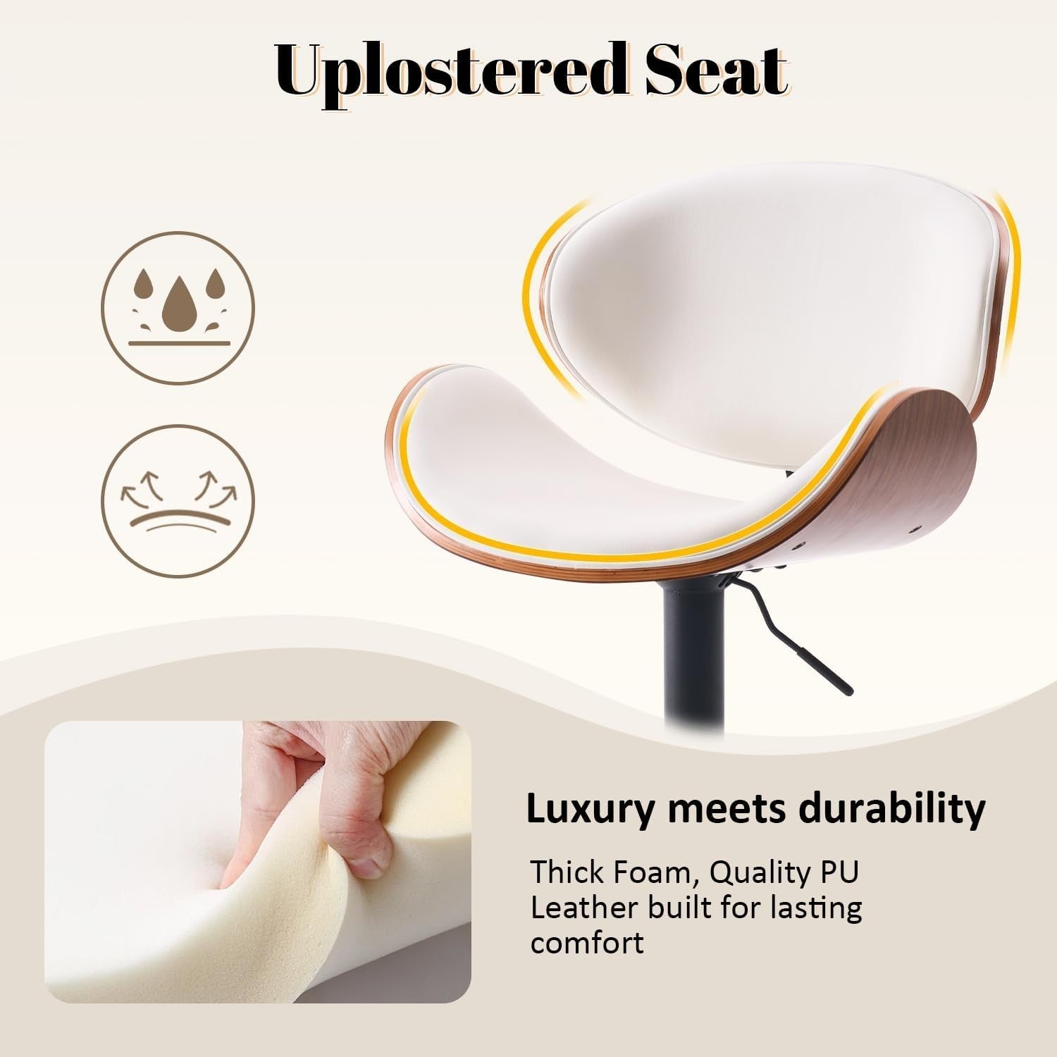 Adjustable White Bar Stool | Wooden Seat, Faux Leather, Swivel, 1pc