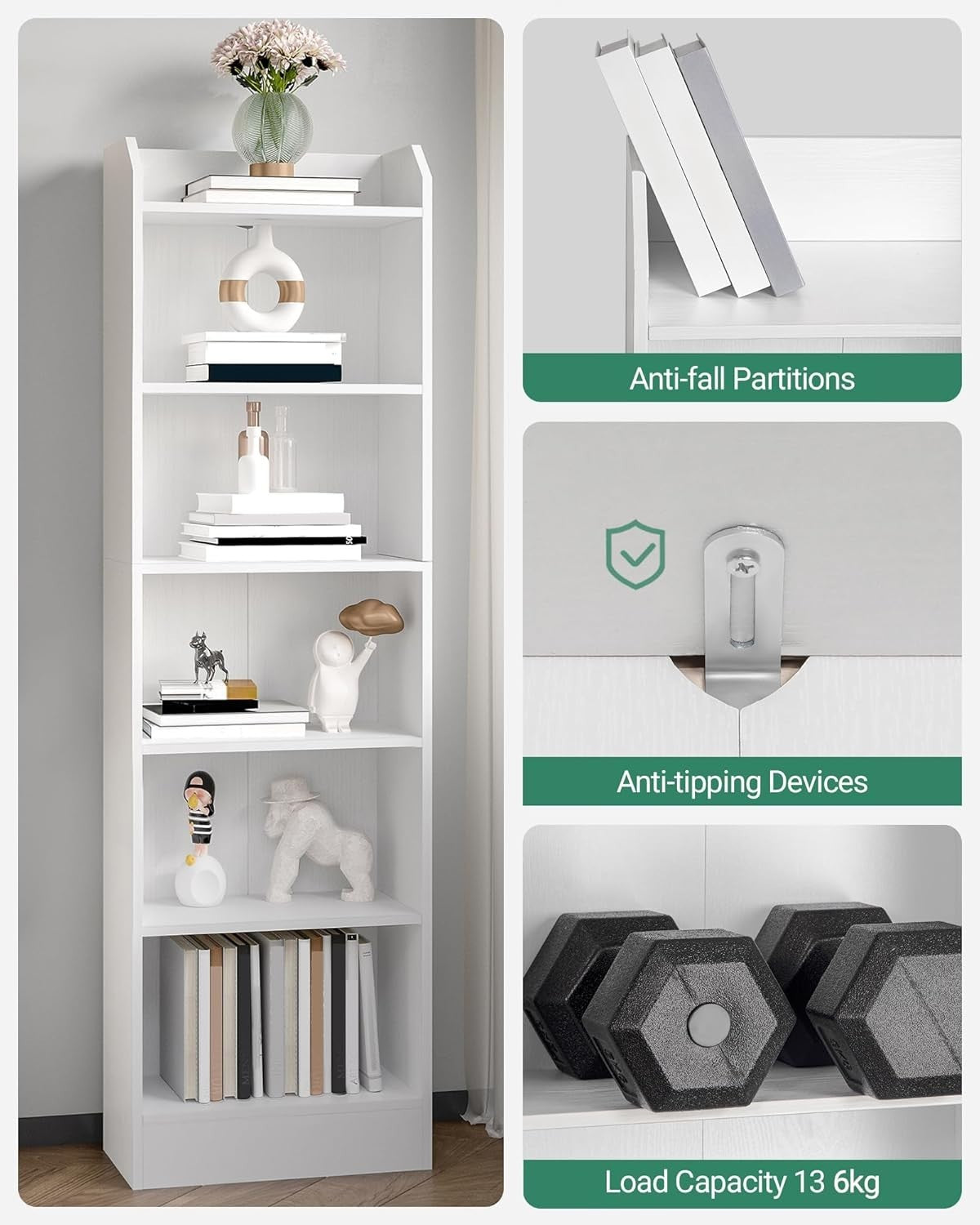 6 Tier Tall Bookcase White Wooden Adjustable Shelf Wide Storage Unit