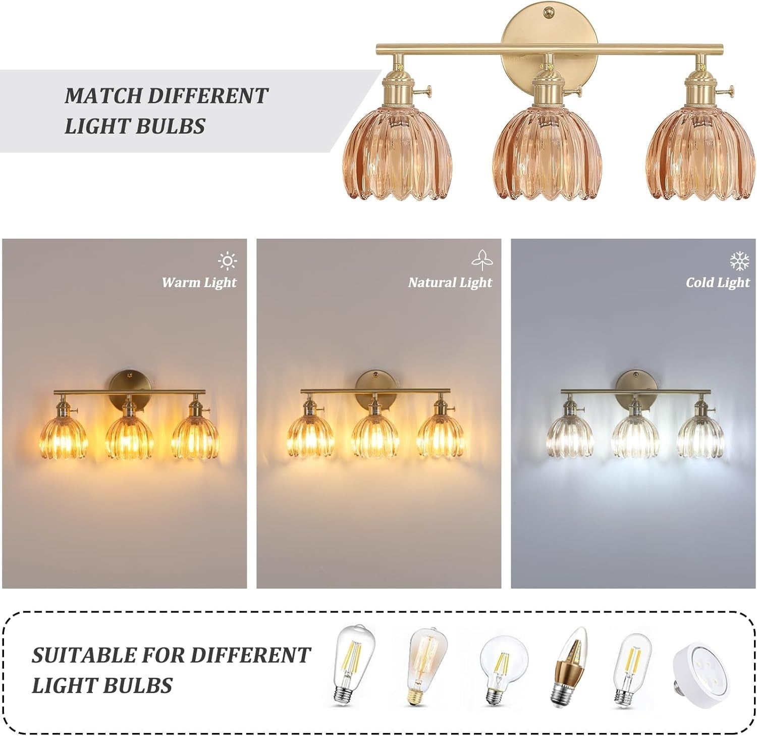 3-Light Amber Glass Wall Sconce Vanity Light Brass Fixture for Bathroom