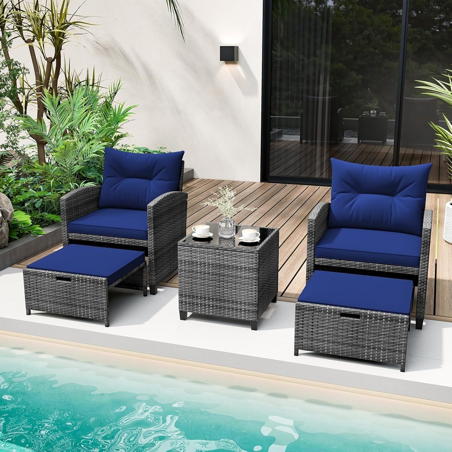 5-Piece Outdoor Rattan Patio Set with Cushions, Glass Table & Footstools