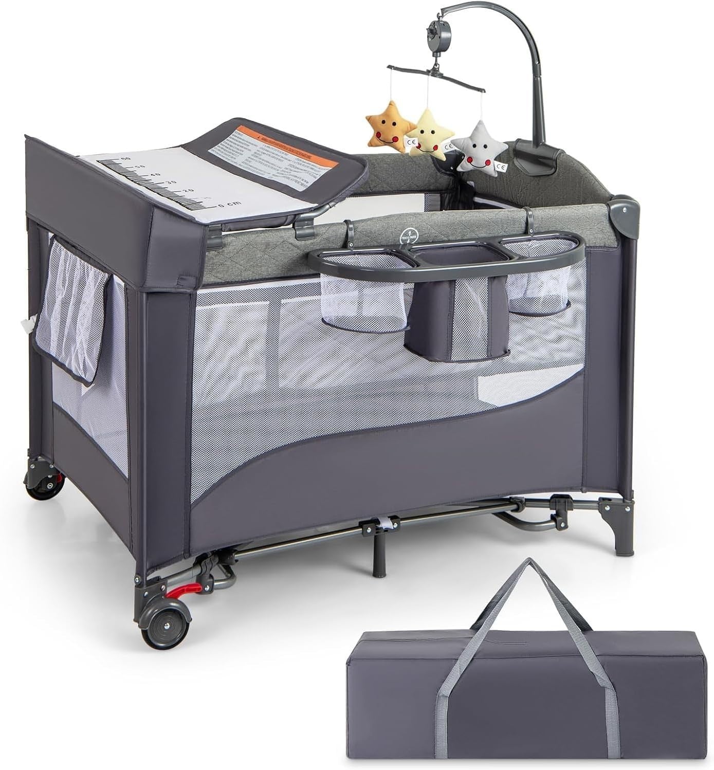 5in1 Travel Cot Baby Bedside Foldable Crib Bassinet Portable Playard Grey