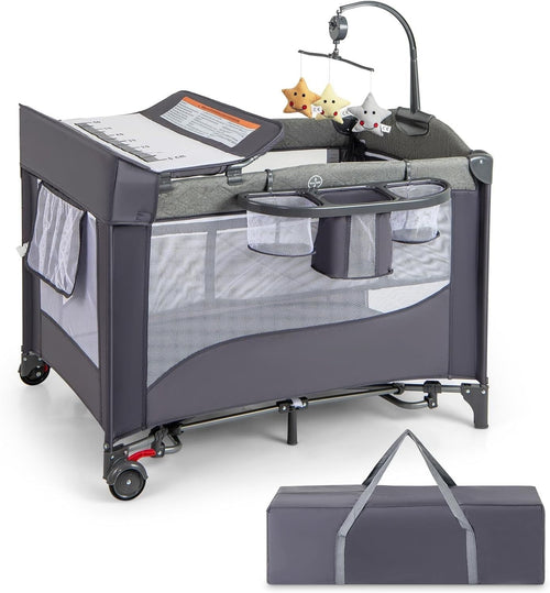 5in1 Travel Cot Baby Bedside Foldable Crib Bassinet Portable Playard Grey