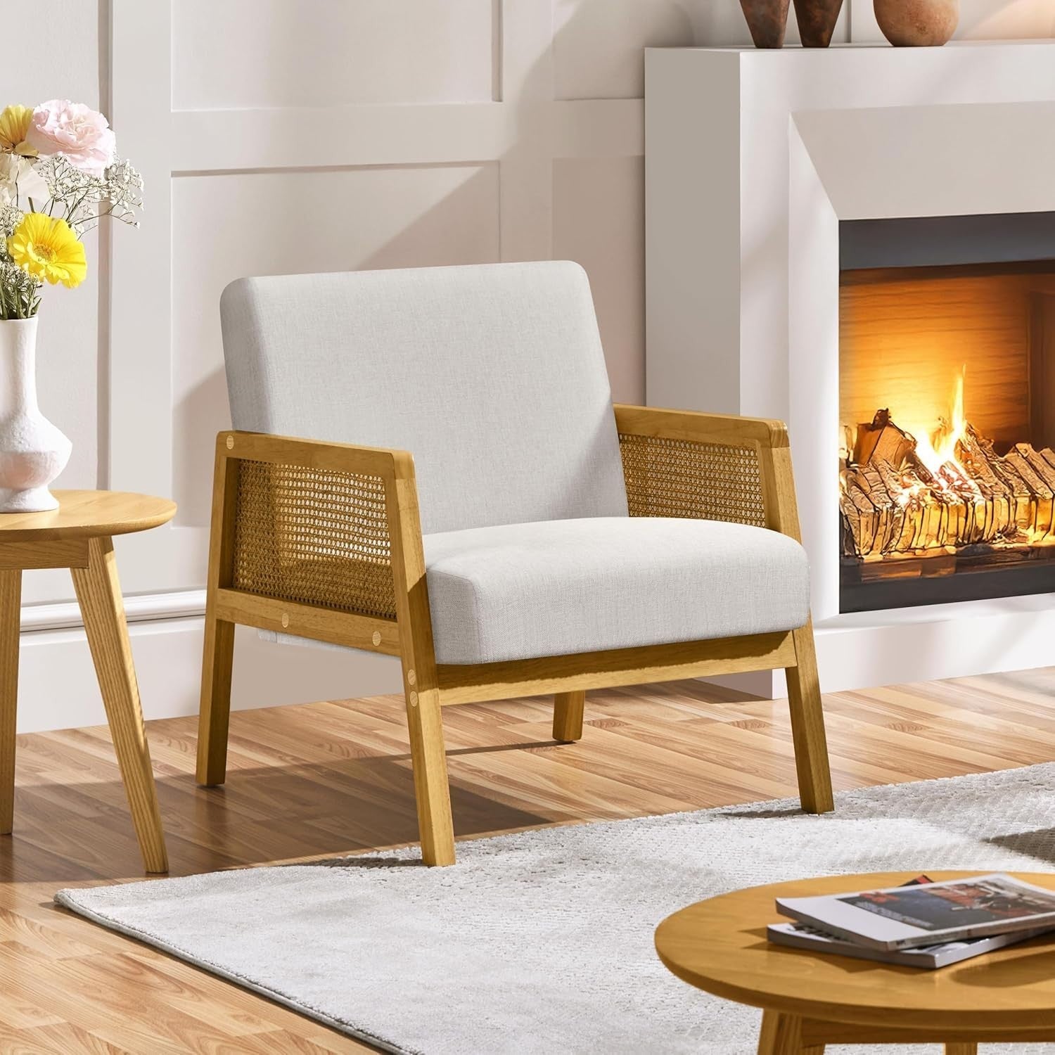 Linen Fabric Accent Armchair Modern Indoor Lounge Chair with Cane Sides
