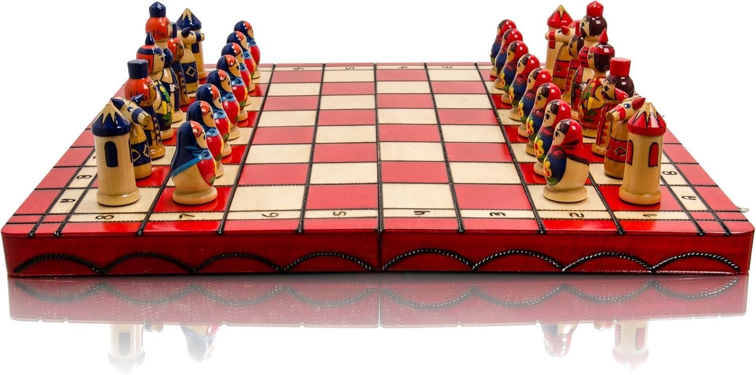 Hand-Painted Wooden Chess Set 42cm Foldable Board Matryoshka Luxury Gift