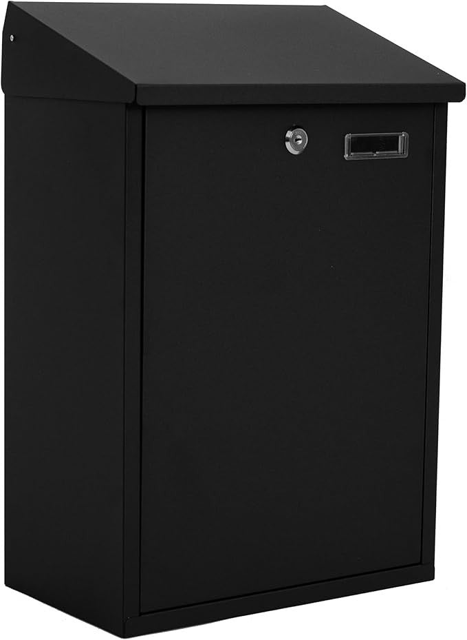 Extra Large Lockable Wall Mounted Letterbox Black Steel Post Box Weatherproof