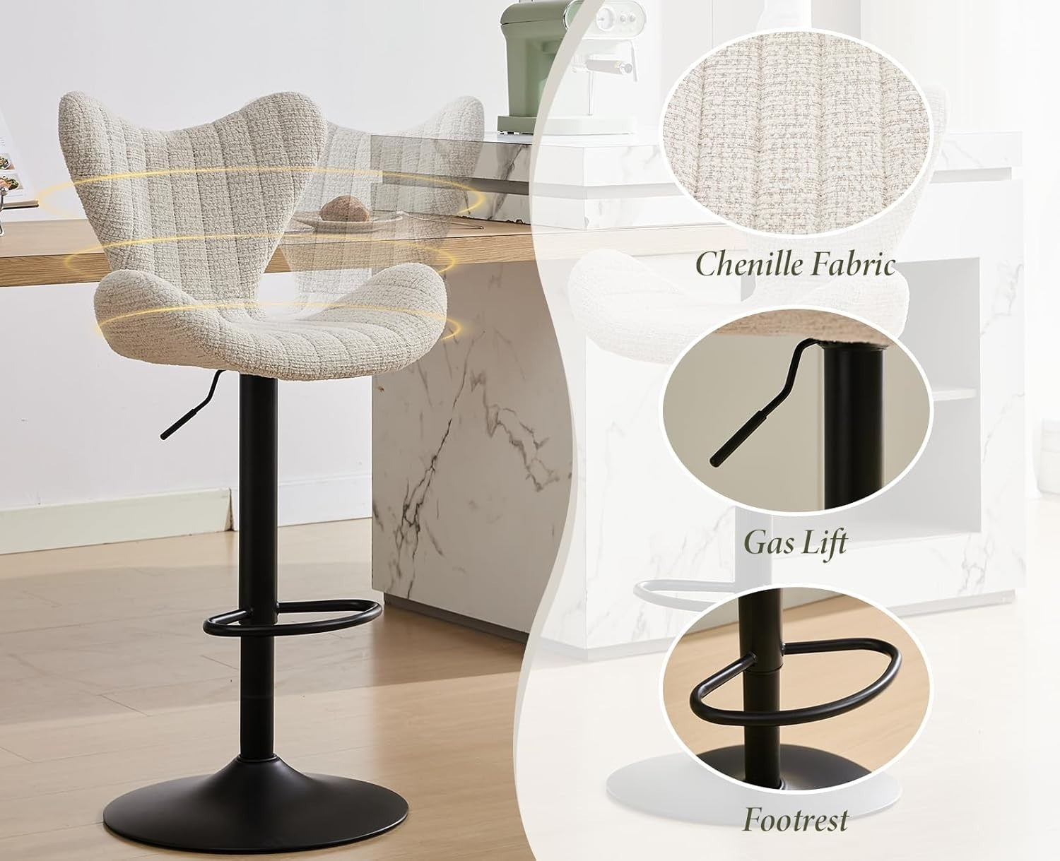 Oatmeal Wing-Back Bar Stools Set of 2 | Chenille Seat, Swivel & Adjustable