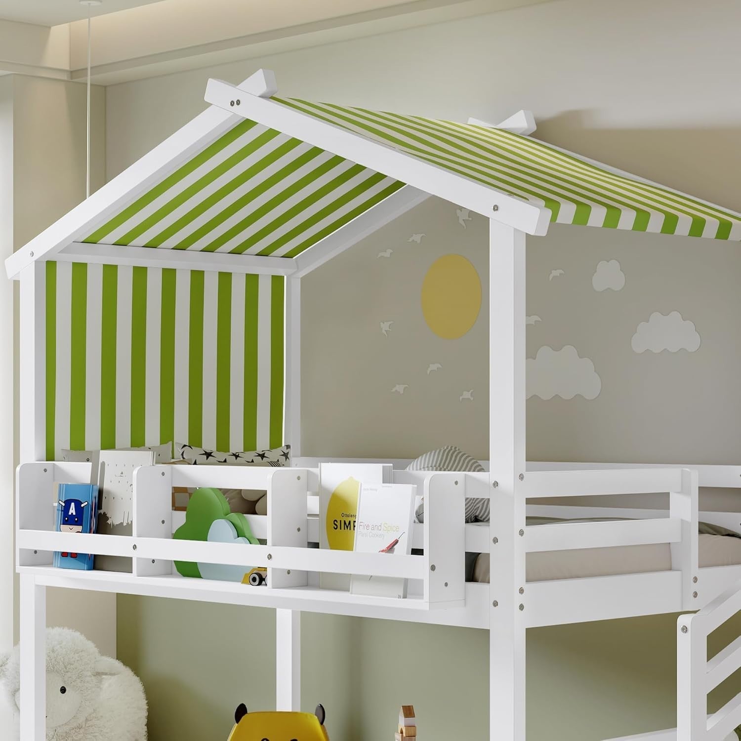 Kids High Sleeper Bunk Bed with Corner Stairs Canopy Bookshelf Storage 90x190