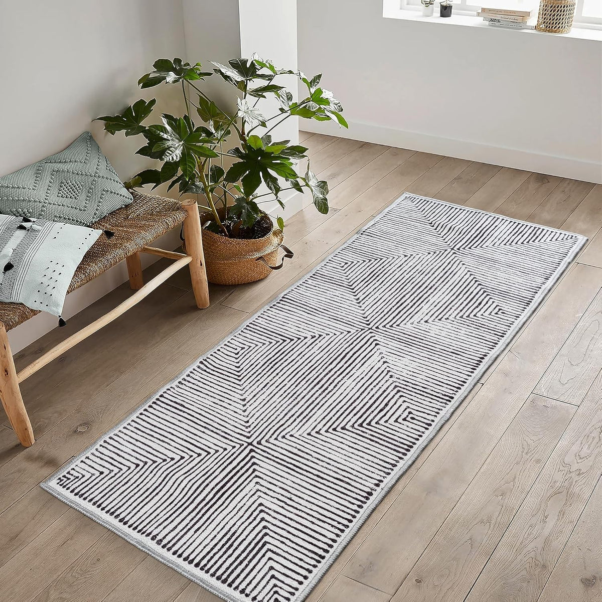 Washable Runner Rug 60x240cm Non-Slip Hallway Kitchen Bedroom Grey Geometric