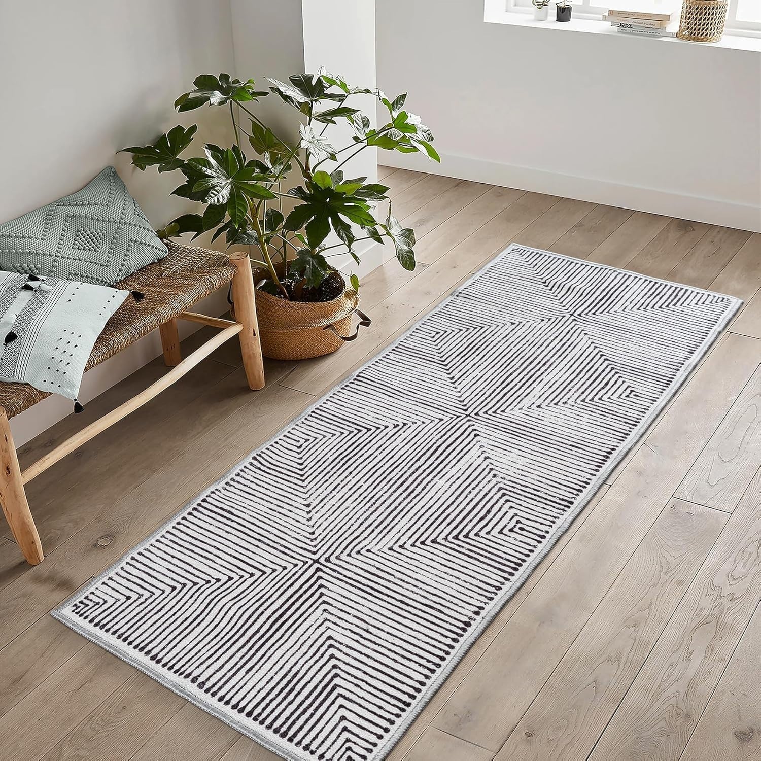 Washable Runner Rug 60x240cm Non-Slip Hallway Kitchen Bedroom Grey Geometric