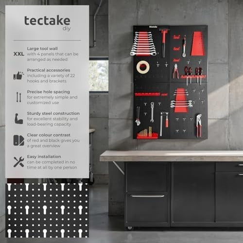 Wall-Mount Pegboard Kit 4PCS Alloy Steel Red w/ Hooks & Holders 120x60cm