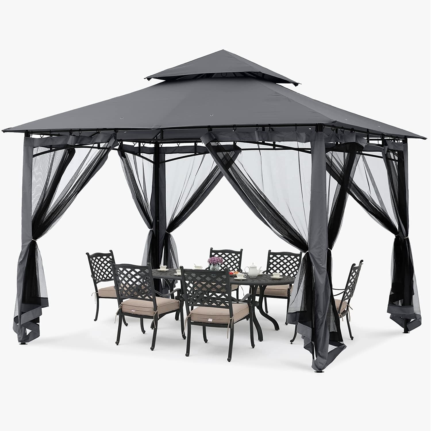 3x3M Grey Outdoor Gazebo With Netting Double Roof Waterproof Garden Patio Tent