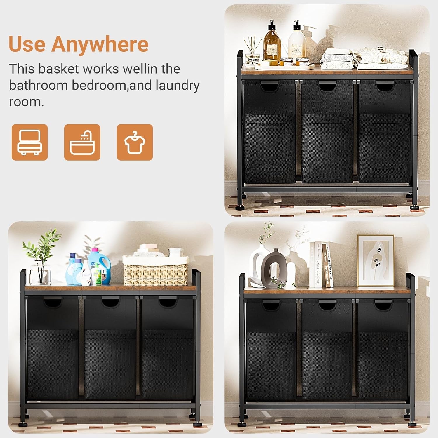 142L Laundry Sorter with 3 Pull-Out Bags & Shelf Large Freestanding Organizer