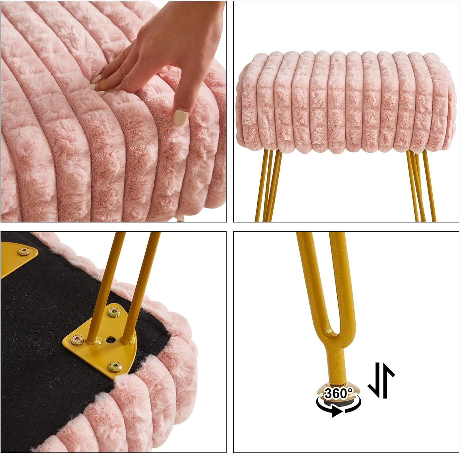 Pink Velvet Footrest Stool Ottoman – Gold Legs, Compact Vanity Seat & Side Table
