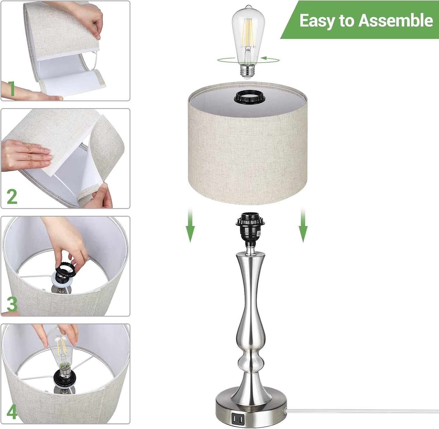 Dimmable Touch Table Lamps Set of 2 USB Charging Beige Linen Shade