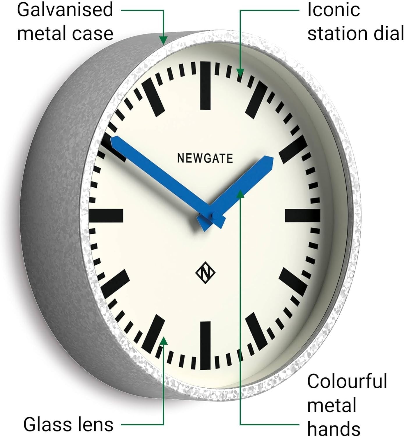 Retro 30cm Silent Wall Clock Blue Hands Galvanised Metal Station Style