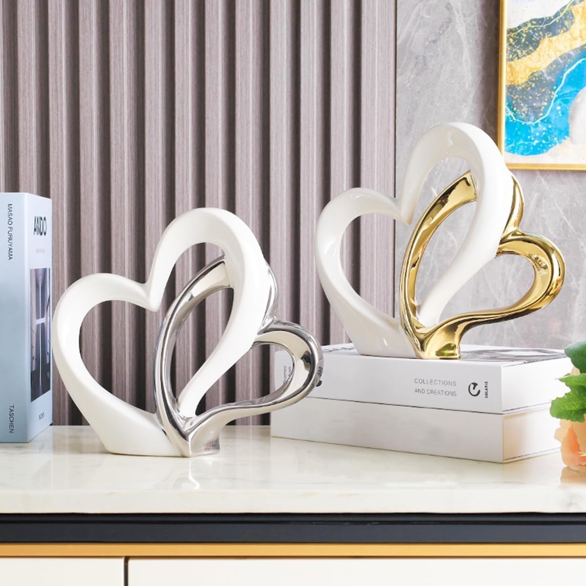 White Silver Double Heart Ceramic Ornament Modern Romantic Home Decor Sculpture