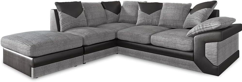 4 Seater L-Shaped Corner Sofa with Footstool Black & Grey Leather Jumbo Cord LH