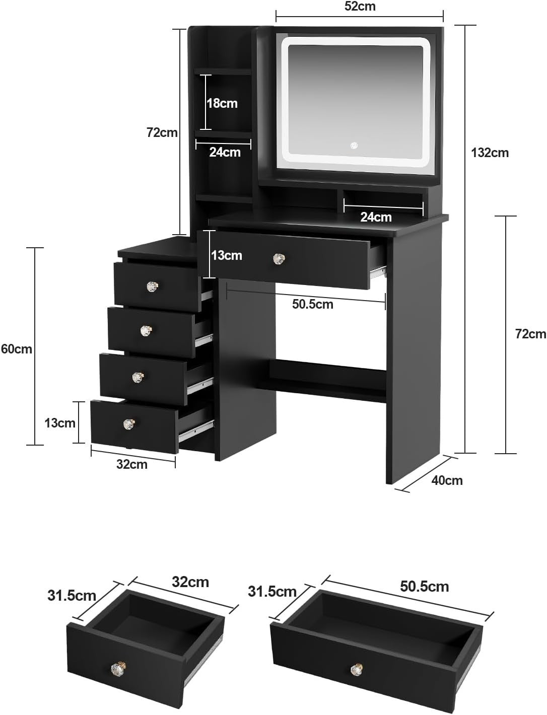 Black Vanity Desk with LED Mirror Lights 5 Drawers Makeup Table Compact 90cm