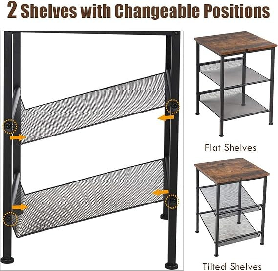 Industrial Side Table with Metal Mesh Shelves, Rustic 3 Tier Storage Stand