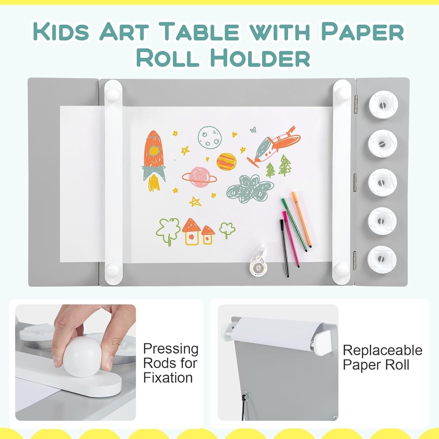 Kids Art Table and Chair Set with Storage Bins & Easel Desk Grey 5 Cups