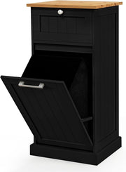 30L Black Tilt-Out Laundry Cabinet With Drawer Bamboo Top Modern Storage