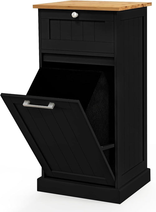 30L Black Tilt-Out Laundry Cabinet With Drawer Bamboo Top Modern Storage