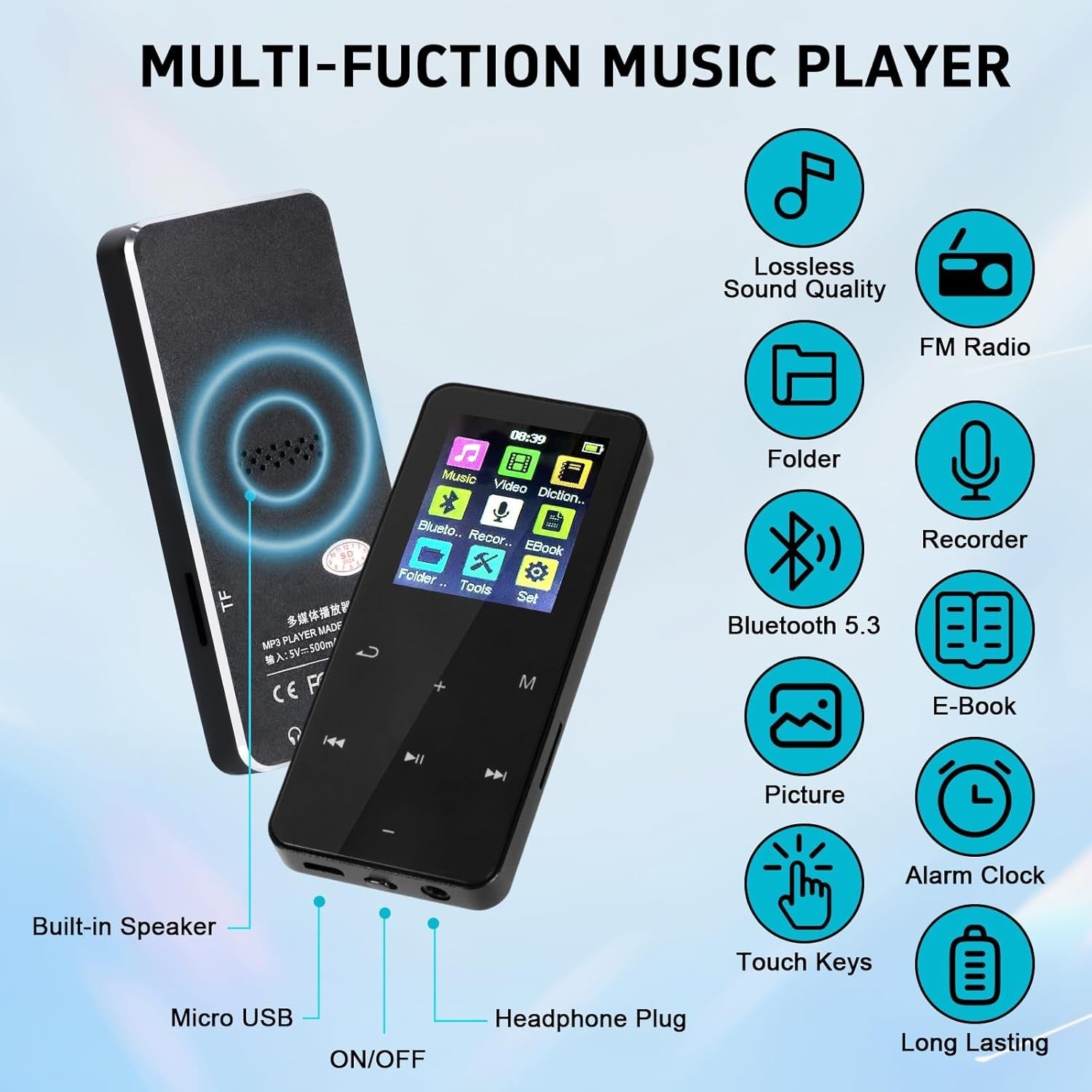 Portable MP3 Player with Bluetooth 5.3, HD Speaker & Voice Recorder – Black