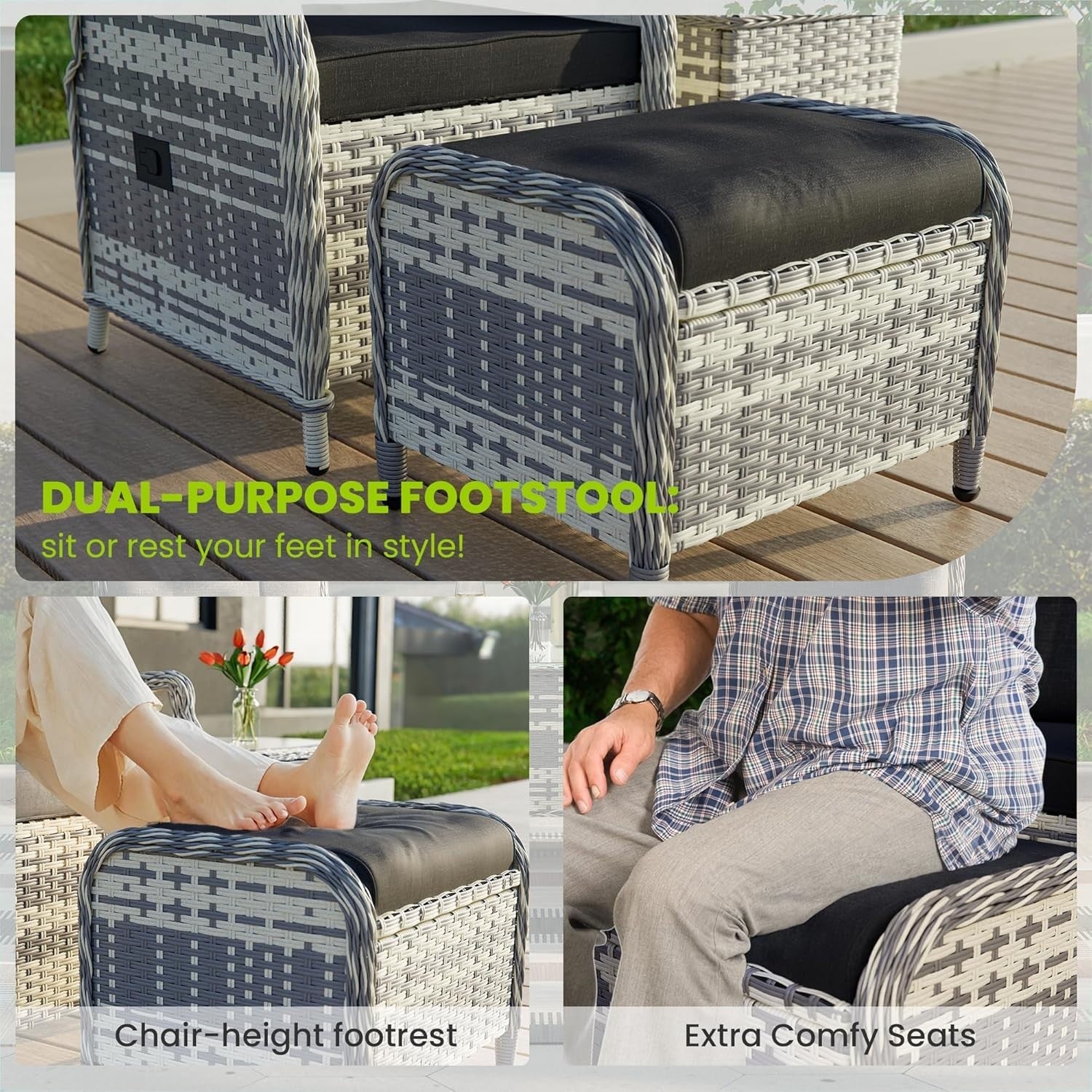 Adjustable Rattan Recliner Patio Set Chairs Stools Coffee Table Outdoor Black