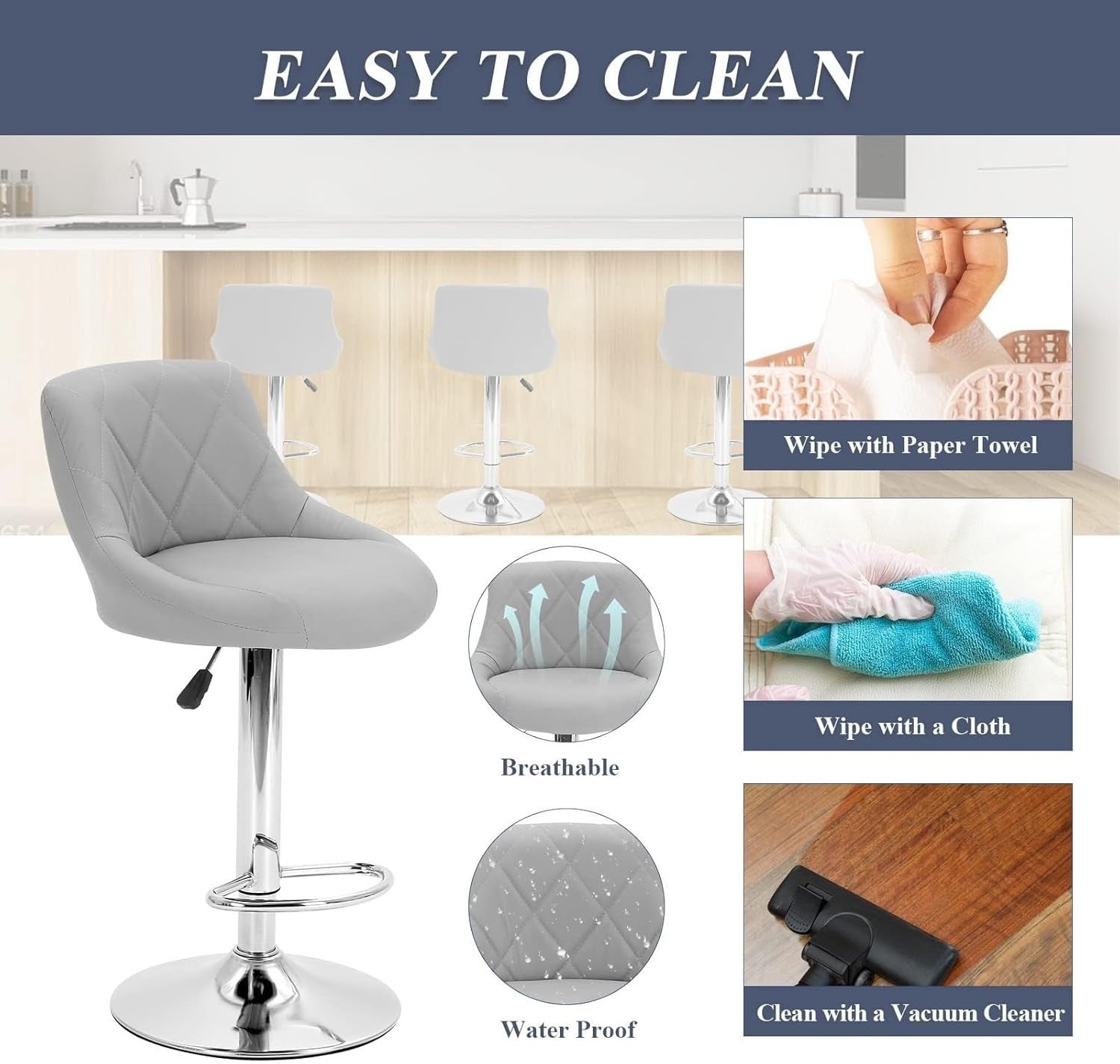 3 Grey Bar Stools Faux Leather Swivel Height Adjustable Kitchen Chairs