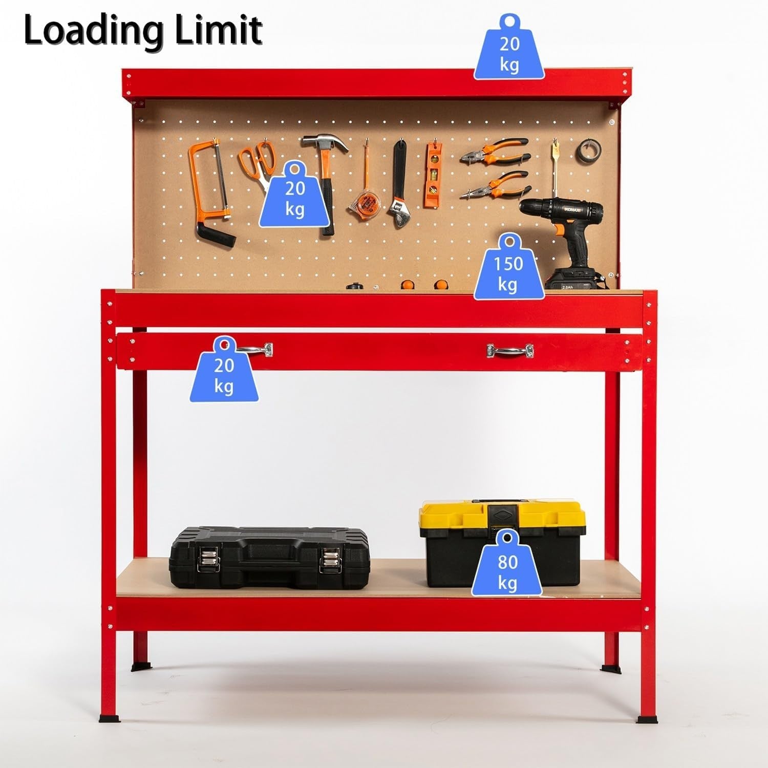 Red Steel Garage Workbench Tool Station w/ Drawer Pegboard Shelf DIY Storage