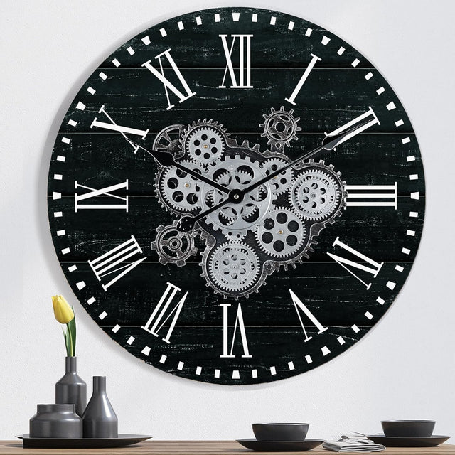23" Wall Clock Real Moving Gears Vintage Industrial Black Roman Decor