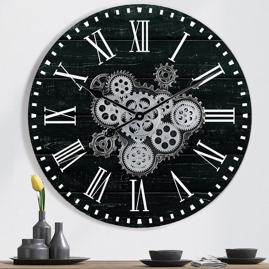 23" Wall Clock Real Moving Gears Vintage Industrial Black Roman Decor