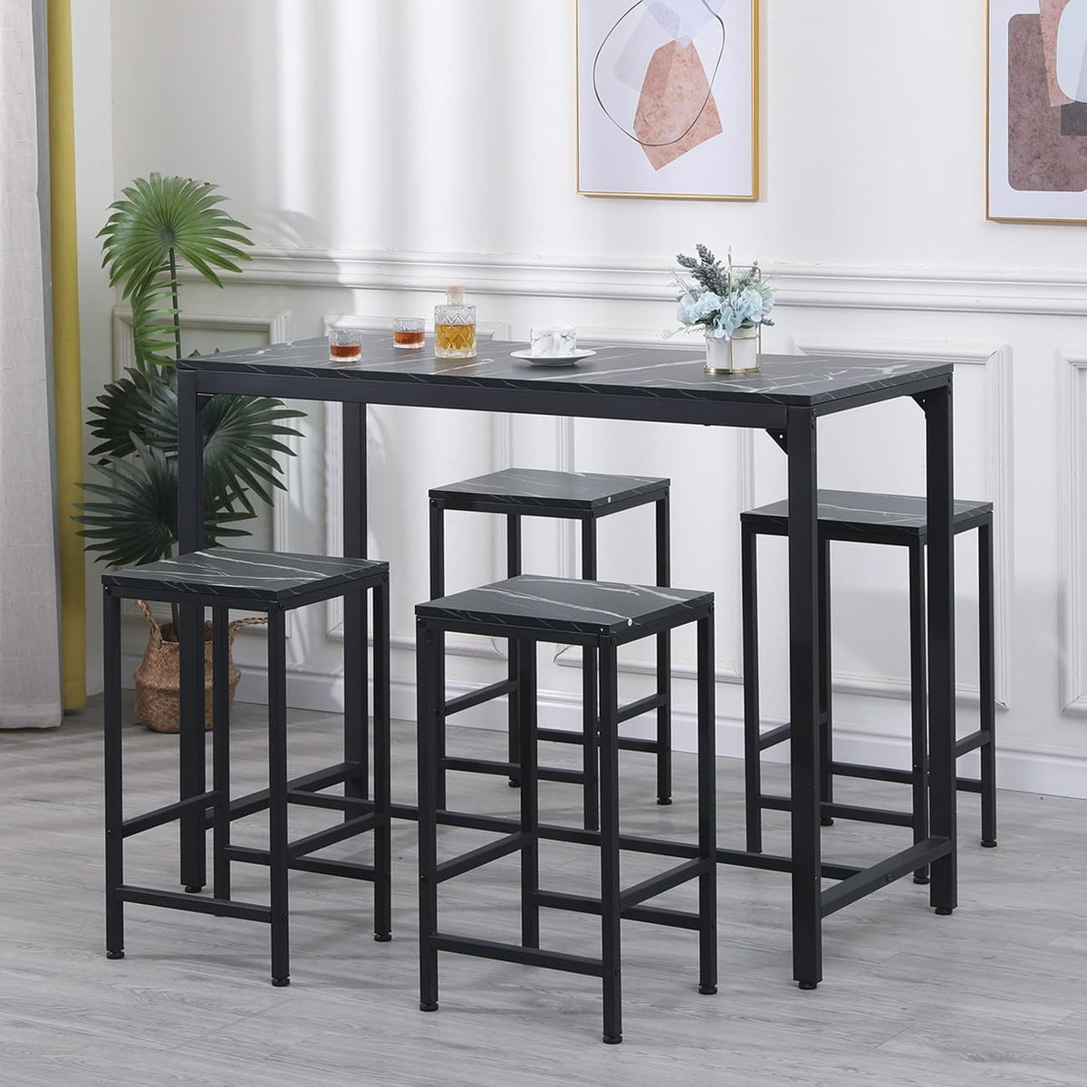 Black Marble Bar Table Set with 4 Stools Space-Saving Metal Frame Dining Set