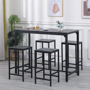 Black Marble Bar Table Set with 4 Stools Space-Saving Metal Frame Dining Set